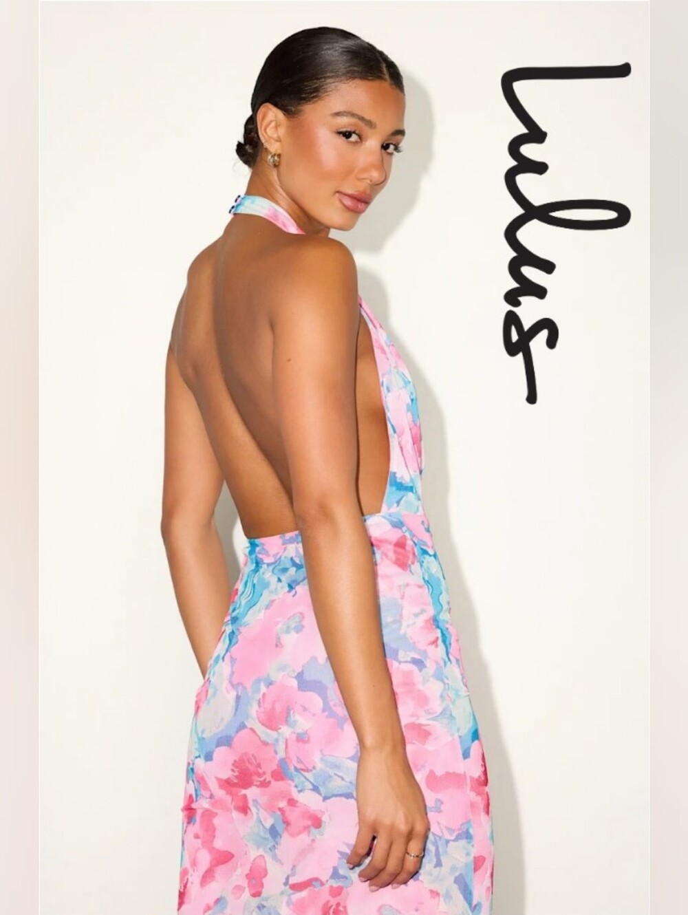 Lulus - Venus Teal and Pink Floral Mesh Backless Midi Dress - Xxl